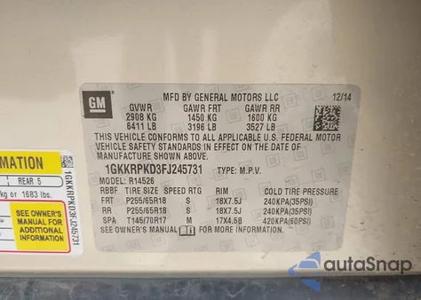 2015 GMC Acadia Sle from USA, damaged, VIN 1GKKRPKD3FJ245731